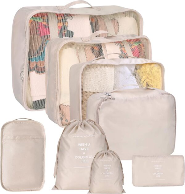 81bmzMGvP1L._AC_SL1500_.jpg 8 Set Packing Cubes for Suitcases, kingdalux Travel Luggage Packing Organizers with Laundry Bag, Compression Storage Shoe Bag, Clothing Underwear Bag, for Man & Women