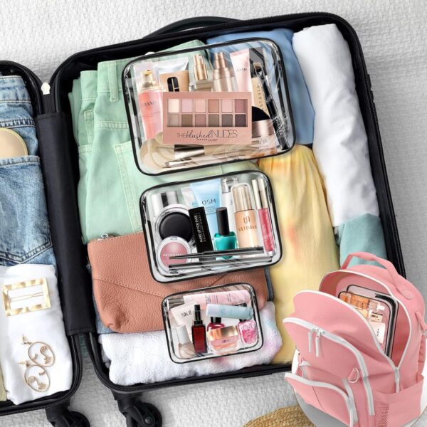 3 Pack Clear Toiletry Bag, TSA Approved Makeup Pouch Water Resistant Portable Travel Organizer, Carry On PVC Cosmetic for Airport Airline Complian