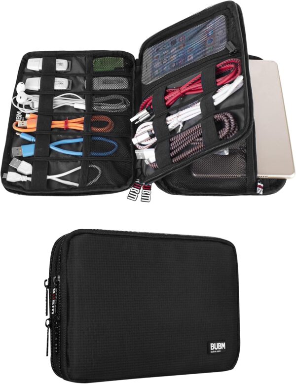 81fuKpzg4LL._AC_SL1500_.jpg BUBM Double Layer Electronic Accessories Organizer, Travel Gadget Bag for Cables, USB Flash Drive, Plug and More, Perfect Size Fits for iPad Mini (Medium, Black)