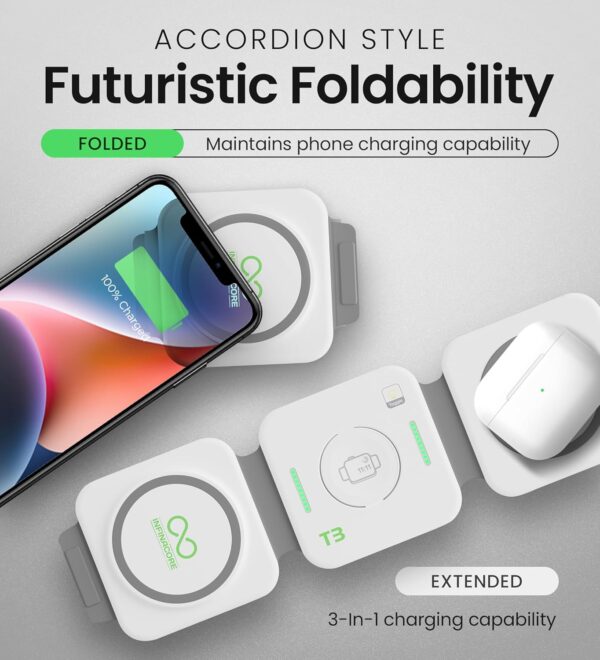 81hUZANaZhL._AC_SL1500_.jpg InfinaCore 3-in-1 Charging Station for Apple Devices - Travel Essentials- Magnetic Wireless Travel Charger - Foldable Charging Pad for Magsafe iPhone 16 15 14 13 12 Pro Max/Plus, AirPods & Apple Watch