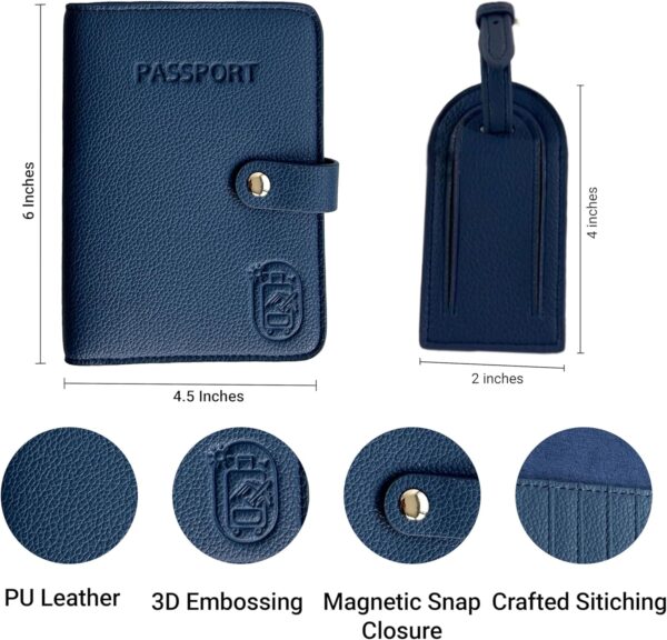 Passport Holder for Travel RFID and Airtag Slot for Women/Men, Faux Leather Passport Holder & Travel Wallet with Security Luggage Tag (Navy Blue)
