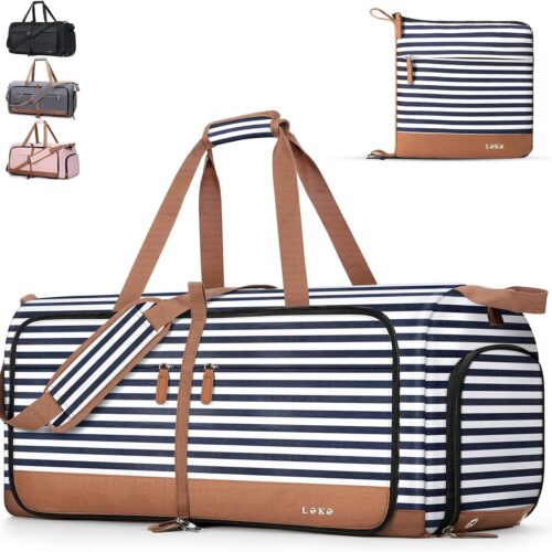 81opbg3ACL._AC_SL1500_.jpg Lekesky Foldable Travel Duffle Bag for Women, 60L Large Duffel Bag with Separate Shoes Compartments & Straps, Carry On Weekend Bag for Women, Hospital, Overnight (Blue Stripes)