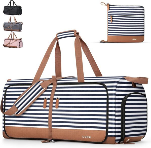 81opbg3ACL._AC_SL1500_.jpg Lekesky Foldable Travel Duffle Bag for Women, 60L Large Duffel Bag with Separate Shoes Compartments & Straps, Carry On Weekend Bag for Women, Hospital, Overnight (Blue Stripes)