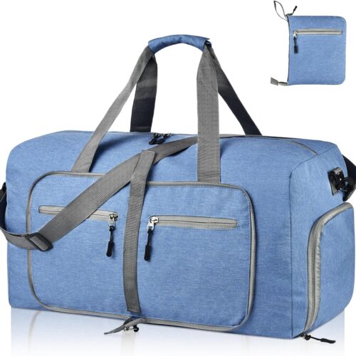 Dimayar 40L Travel Duffle Bag for Men Women – Foldable Duffel Bag with Shoes Compartment – Overnight Bags Waterproof & Tear Resistant(Blue)