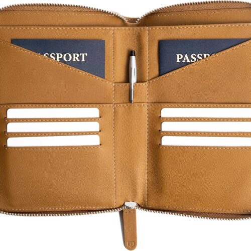 Full Grain Leather Family Passport Holder for 2-4 Passports – RFID Passport Holder and Travel Document Organizer – Large Leather Travel Wallet for Couples and Families – Camel