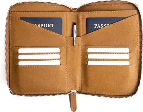 81sgwKDRIL._AC_SL1500_.jpg Full Grain Leather Family Passport Holder for 2-4 Passports - RFID Passport Holder and Travel Document Organizer - Large Leather Travel Wallet for Couples and Families - Camel