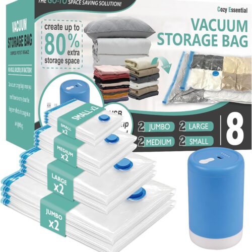 Travel Vacuum Bags with Electric Pump, 8 Pack Vacuum Travel Bags for Luggage and Suitcase, Vacuum Seal Space Saver Compression for Clothes Clothing