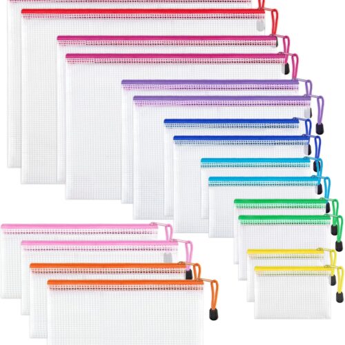 81vcHjIvq9L._AC_SL1500_.jpg JARLINK 18 Pack 8 Sizes Mesh Pouch, 9 Colors, Waterproof Zipper Bags Document Multipurpose Travel Bags for Office, School, Board Game, Puzzles, Cosmetics, Travel Accessories, and Home Organization