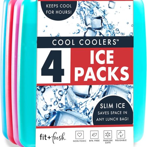 81x8s9tASsL._AC_SL1500_.jpg Cool Coolers by Fit & Fresh 4 Pack Slim Ice Packs, Quick Freeze Space Saving Reusable Ice Packs for Lunch Boxes or Coolers, Multi Colored