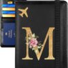 Slohif Initial Passport Holder Cover Wallet Case for Travel Women - Leather Letter Passport Book Family Multiple Personalized Organizer Card Slots Protector Sleeve Essentials Slim Carrier Black M