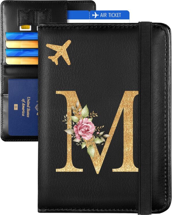 Slohif Initial Passport Holder Cover Wallet Case for Travel Women - Leather Letter Passport Book Family Multiple Personalized Organizer Card Slots Protector Sleeve Essentials Slim Carrier Black M