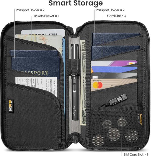 91ShQCkYJhL._AC_SL1500_.jpg tomtoc Passport Holder Family with RFID Blocking, Passport Wallet Women Men, with Airtag & Sim Card Holder and Eject Pin, Travel Document Organizer with Wrist Strap, Up to 4 Passports, Water-resistant