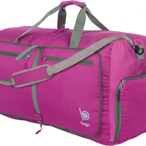 Bago Foldable Duffel Bags for Traveling Women & Men – 60L Medium Packable Duffle Bag for Travel with Shoe Compartment – Water Repellant, Heavy Duty, Lightweight Folding & Collapsible (Pink)