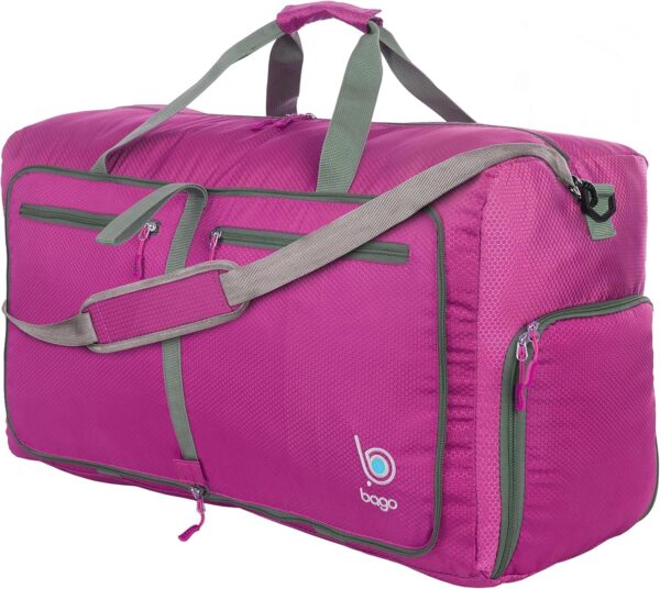 91nXUtrTYEL._AC_SL1500_.jpg Bago Foldable Duffel Bags for Traveling Women & Men - 60L Medium Packable Duffle Bag for Travel with Shoe Compartment - Water Repellant, Heavy Duty, Lightweight Folding & Collapsible (Pink)