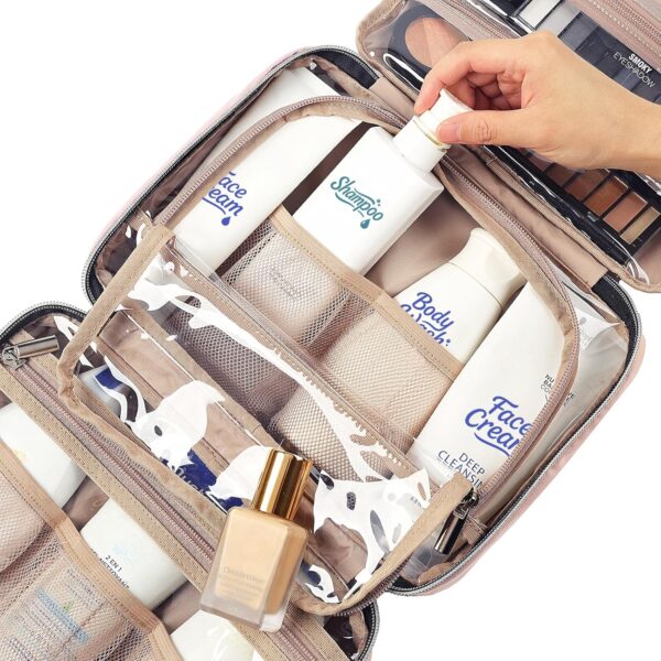 91riTvRnoKL._SL1500_.jpg NISHEL Travel Toiletry Bag for women, Portable Hanging Organizer for Travel-Sized Shampoo, Conditioner, Brushes Set, makeup Accessories, Medium Size, Pink